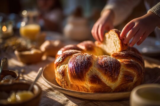 A child reaches for a traditional Rosca de Reyes cake in a warmly lit holiday kitchen