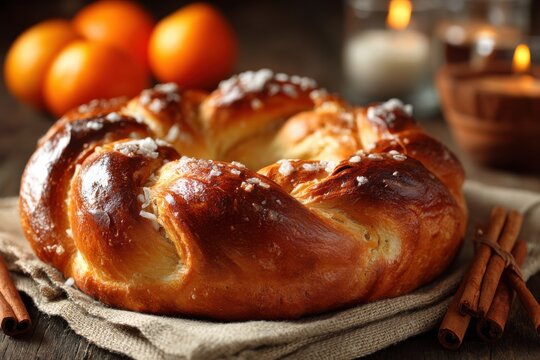 Traditional Rosca de Reyes cake styled with fresh oranges and cinnamon on rustic linen