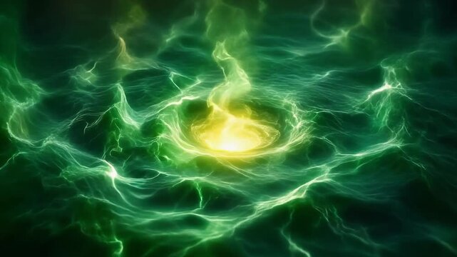 激しく波打つ緑色のプラズマ電流と高密度で発光する黄緑色コアの圧倒的パワー質感