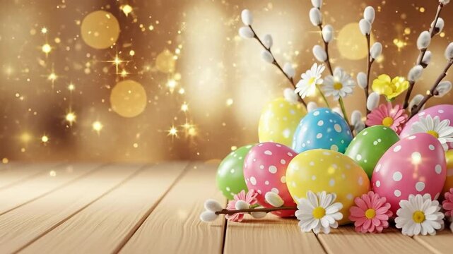 Colorful Easter eggs and pussy willow on wooden table with bokeh background. Spring holiday decoration for greeting card and banner.