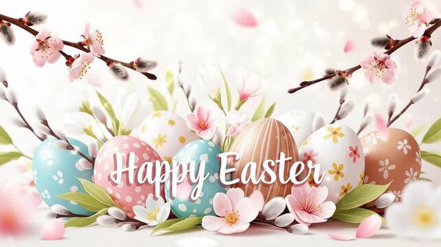 Happy Easter text on colorful decorative eggs, pussy willow branches, and spring flowers. Holiday greeting for Easter card.