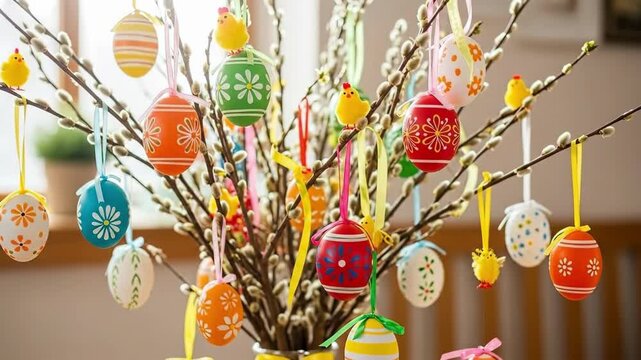 Colorful easter eggs and chicks hanging from pussy willow branches. Festive spring arrangement in vase. Easter holiday decoration and seasonal home decor concept