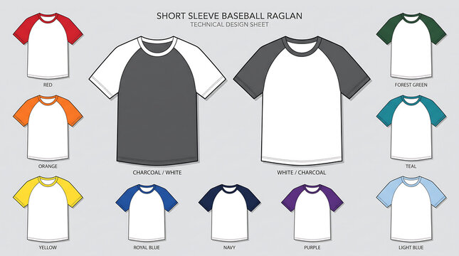 Technical design sheet for short sleeve baseball raglan shirts with color variations and apparel templates