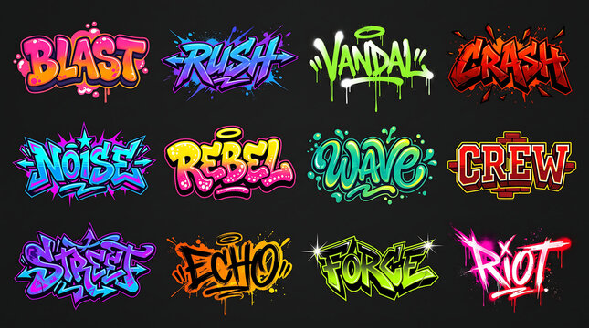 Colorful graffiti typography set featuring vibrant glowing lettering and urban street art style text elements isolated on a dark background
