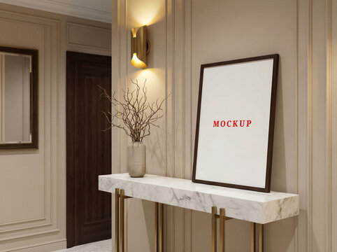 Minimalist house interior poster mockup, blank wall frame mockup template for modern art.