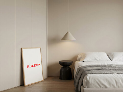 Modern interior poster mockup template, minimalist house interior frame, blank wall frame template.