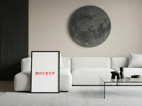 Modern interior frame mockup template, minimalist house interior, blank wall poster template frame.