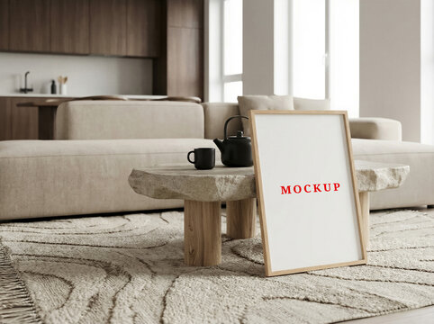 Minimalist house interior poster template, blank wall frame mockup template, modern interior frame.