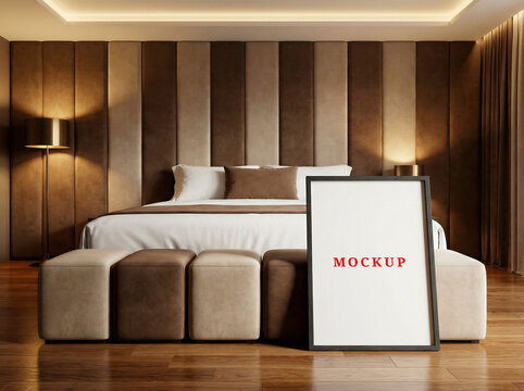 Minimalist house interior, blank wall frame mockup template, modern interior poster mockup.