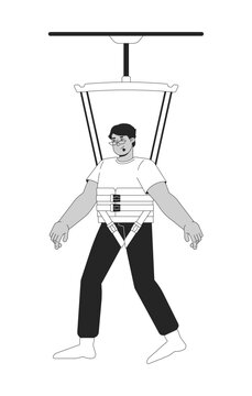 Man wearing body support harness attached to overhead suspension system line art character. Gait rehab. Patient practicing assisted balance isolated outline person. Black and white spot illustration