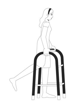 Woman performing leg rehabilitation with walking frame line art character. Female patient improving lower limb strength with walker isolated vector outline person. Black and white spot illustration