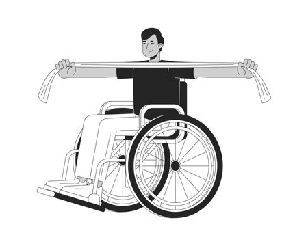 Indian man in wheelchair performing upper body resistance band exercise line art character. Patient practicing arms strengthening isolated vector outline person. Black and white spot illustration