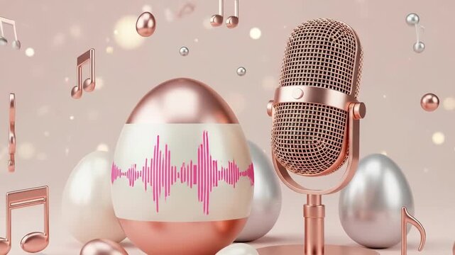 Pink easter eggs with sound waves arranged around golden microphone and floating musical notes. Festive spring holiday decoration for music podcasting and audio celebration concept