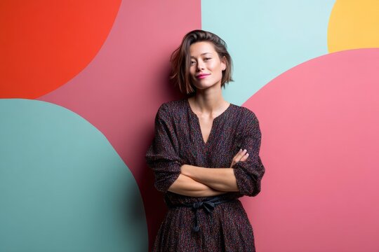 Portrait of a merry caucasian woman in her 20s with arms crossed in front of pastel or soft colors background