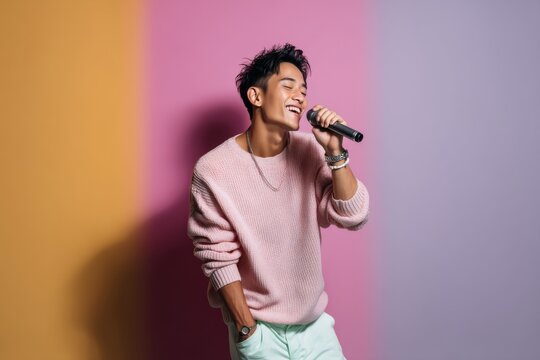 Portrait of a smiling asian man in his 20s dancing and singing song in microphone isolated on pastel or soft colors background