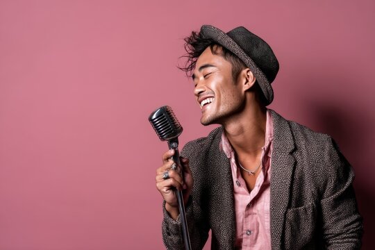 Portrait of a smiling asian man in his 20s dancing and singing song in microphone isolated on pastel or soft colors background