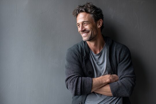 Portrait of a happy man in his 40s smiling at the camera in minimalist or empty room background