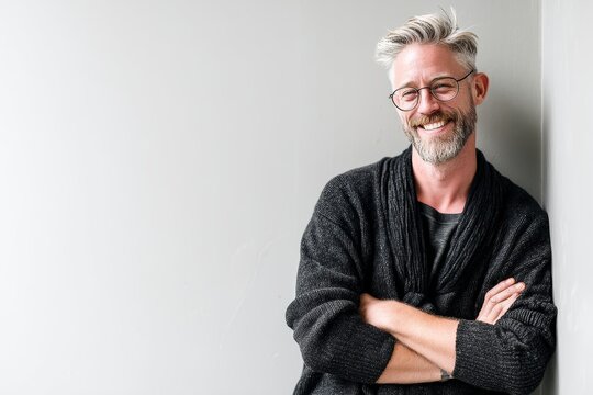 Portrait of a happy man in his 40s smiling at the camera while standing against minimalist or empty room background