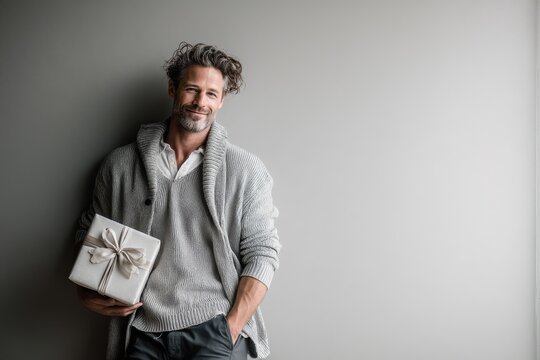 Portrait of a happy caucasian man in his 40s holding a gift on minimalist or empty room background