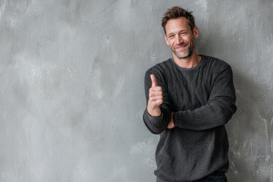 Portrait of a blissful caucasian man in his 40s showing a thumb up on minimalist or empty room background