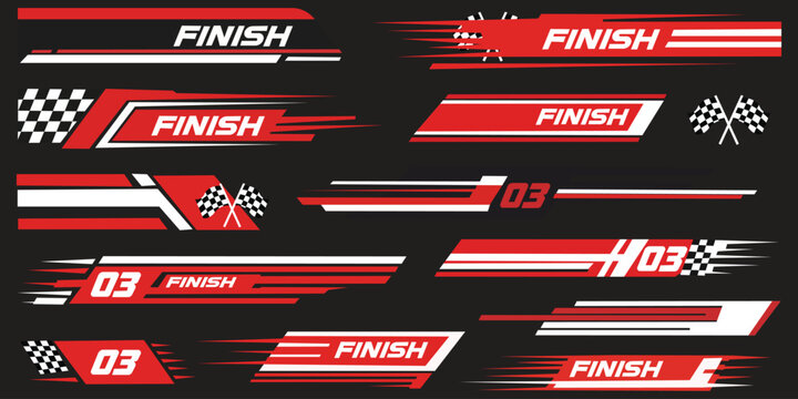Set of red and white racing stripe decals with finish text, crossed checkered flags and number 03 on a dark background, vector design elements for car wraps, vinyl stickers and motorsport livery