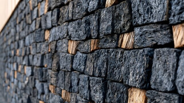 A close up view of a textured wall constructed from dark  rough hewn stone blocks with visible wooden elements