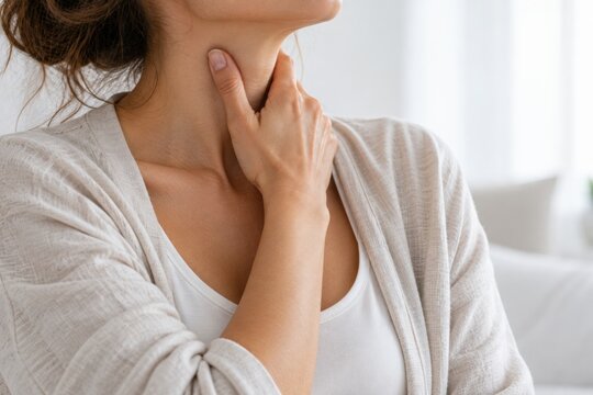 Close-up of a woman holding her sore throat, illustrating throat pain, cold and flu symptoms, discomfort, respiratory illness and healthcare concepts.