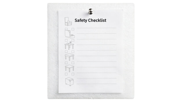 Printed checklist listing safety steps for clutter removal and furniture padding to prevent bruises in living rooms, concept of home safety planning and injury prevention