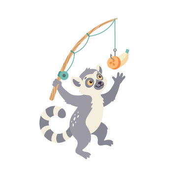 A cute ring-tailed lemur stands playfully while holding a wooden fishing rod with a slice of fruit dangling from the hook at the end.