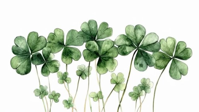 Lush green watercolor clover leaves in varied sizes on white background. Saint Patrick's Day, St Paddy's Day, St Patty's Day - Irish National Holiday and Cultural Celebration