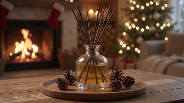 Glass reed diffuser with golden oil on a wooden tray with pinecones, blurred winter living room with fireplace and Christmas tree behind.