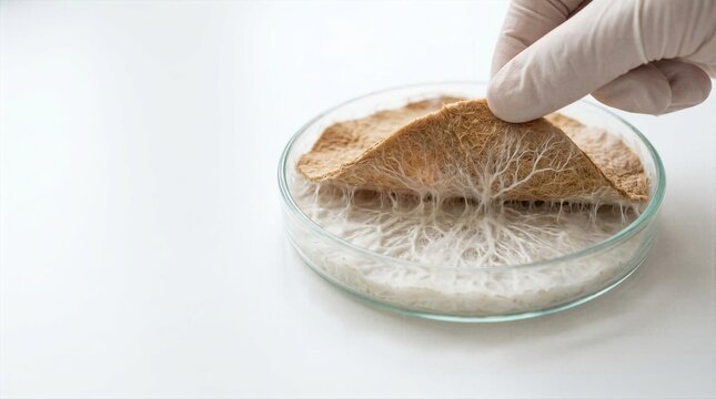 Scientist Peeling Mycelium Biomaterial In Petri Dish