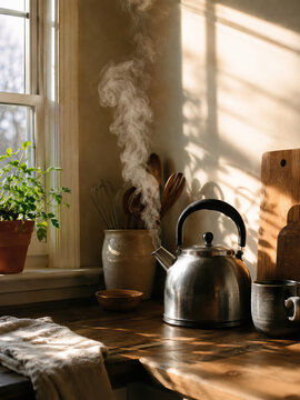 A stainless steel kettle releases steam on a weathered wooden countertop in a sunlit kitchen A still, domestic moment, with a sense of quiet comfort and anticipation.