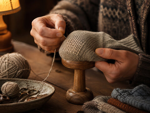 A woman meticulously sews a cuff onto a knitted sock at a dark wooden table, creating a warm and focused atmosphere.