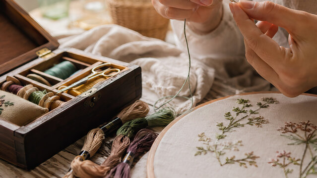 A woman carefully threads a needle with green embroidery floss, creating a cross-stitch design of wildflowers on a circular fabric hoop.