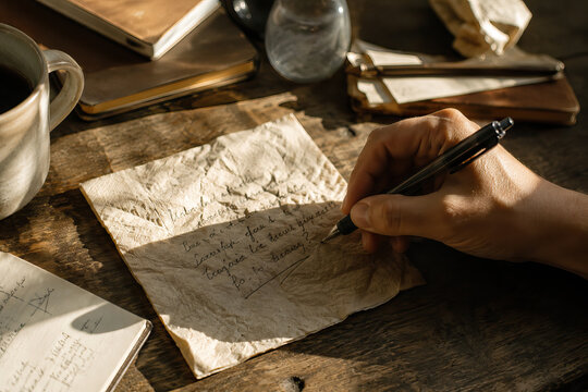 A hand is writing on aged paper, creating a contemplative atmosphere on a dark wooden table The paper is yellowed and textured, suggesting age and fragility.