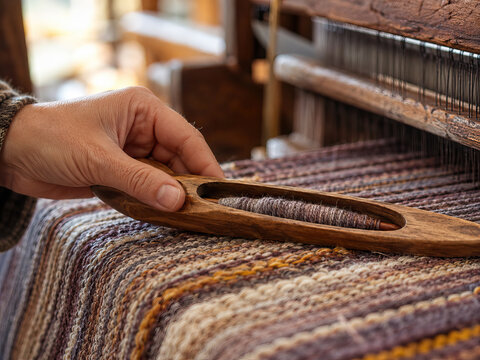 Working at a wooden hand loom