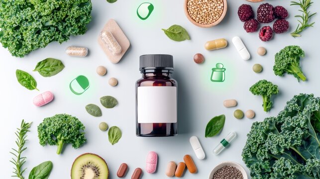 Energizing food supplement with organic minerals and herbal balance in a lush green setting