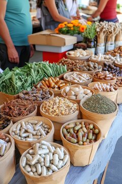 Vibrant herbal energy market organic food supplement showcase with minerals and superfoods for balance