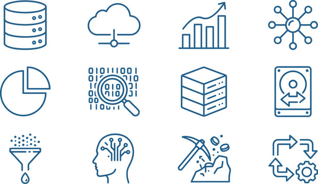 Big data analytics and data science line icon vector set