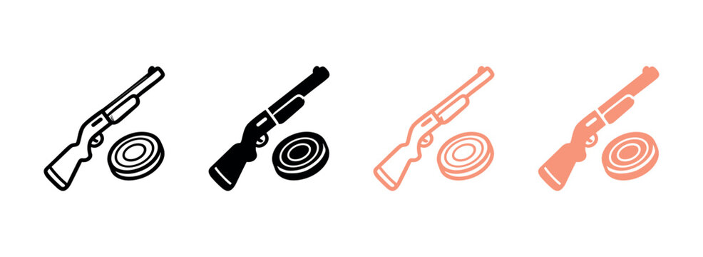 Set of four clay pigeon shooting icons with shotgun and target in line art, solid black, coral and solid coral
