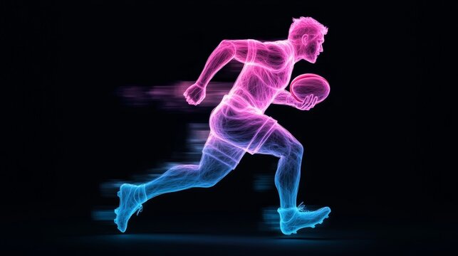 Dynamic rugby player running in neon colors abstract digital art sport environment glowing effect