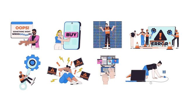 Fixing web problems 2D animation pack. Technical troubleshooting. System failures. IT maintenance. Unhappy users animated characters cartoon flat concepts collection 4K video isolated on transparent