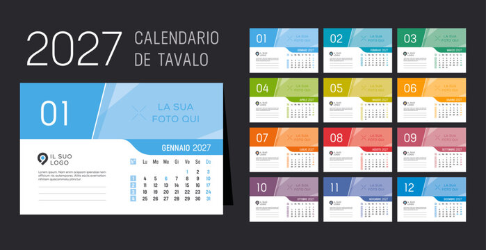 Year 2027 monthly office desk calendar, in Italian language. Vector template, Italia.
