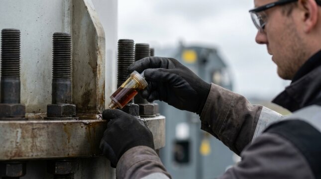 Wind turbine maintenance specialist replacing a particulate grease sensor cartridge on a pitch bearing housing, concept of predictive maintenance and renewable energy equipment monitoring