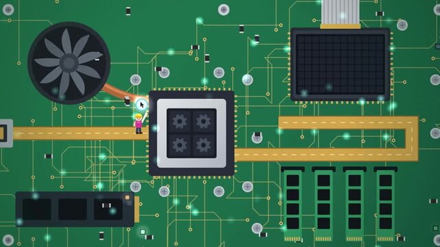 How a computer works, tiny workers carry a mouse click from CPU and RAM to graphics chip, photo opens, animation