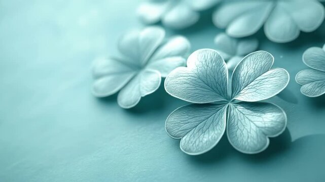 Close-up of turquoise clover leaves on a soft background. Saint Patrick's Day, St Paddy's Day, St Patty's Day - Irish National Holiday and Cultural Celebration