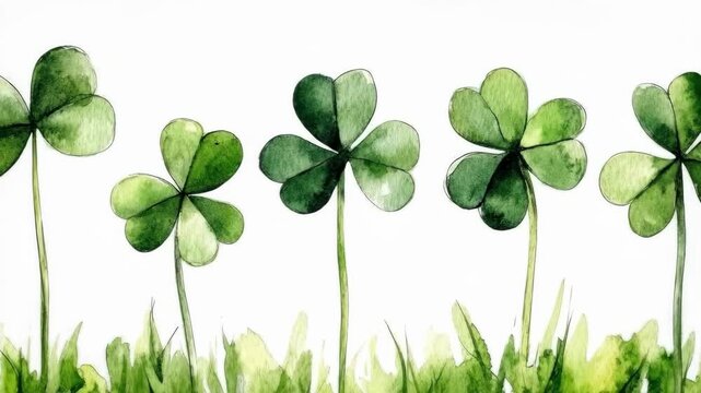 Watercolor clover and grass pattern on white background. Saint Patrick's Day, St Paddy's Day, St Patty's Day - Irish National Holiday and Cultural Celebration