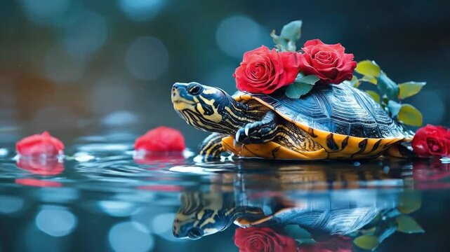 Colorful turtle with red roses on shell in reflective water scene. The 14th of February. Happy Valentine's Day