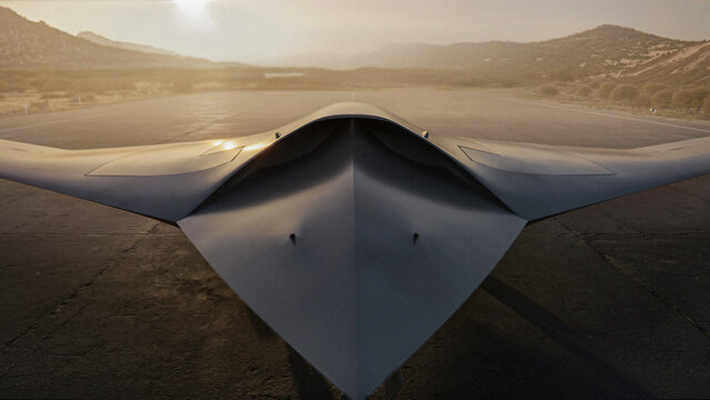 Futuristic stealth aircraft with a sleek angular flying wing design resting on a remote airfield at golden hour. Cinematic military aviation concept with dramatic lighting and a rugged landscape.